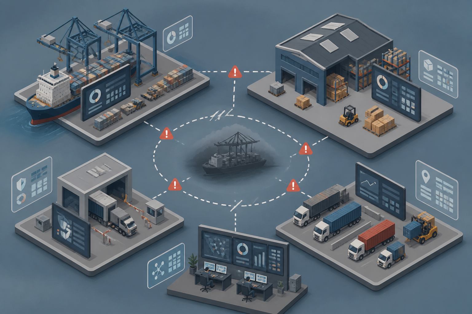 Isometric illustration of a port with disconnected data silos and broken lines, visually depicting operational blind spots caused by fragmented data.