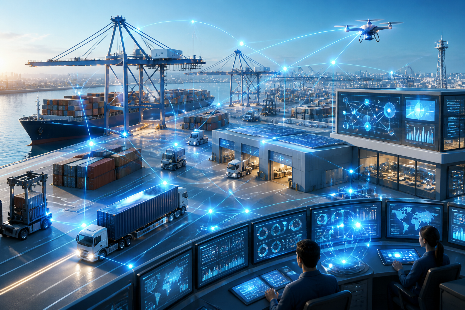 3D render of a port terminal with cranes, warehouses, and vehicles connected by a unified glowing data network, illustrating integrated SaaS operations.