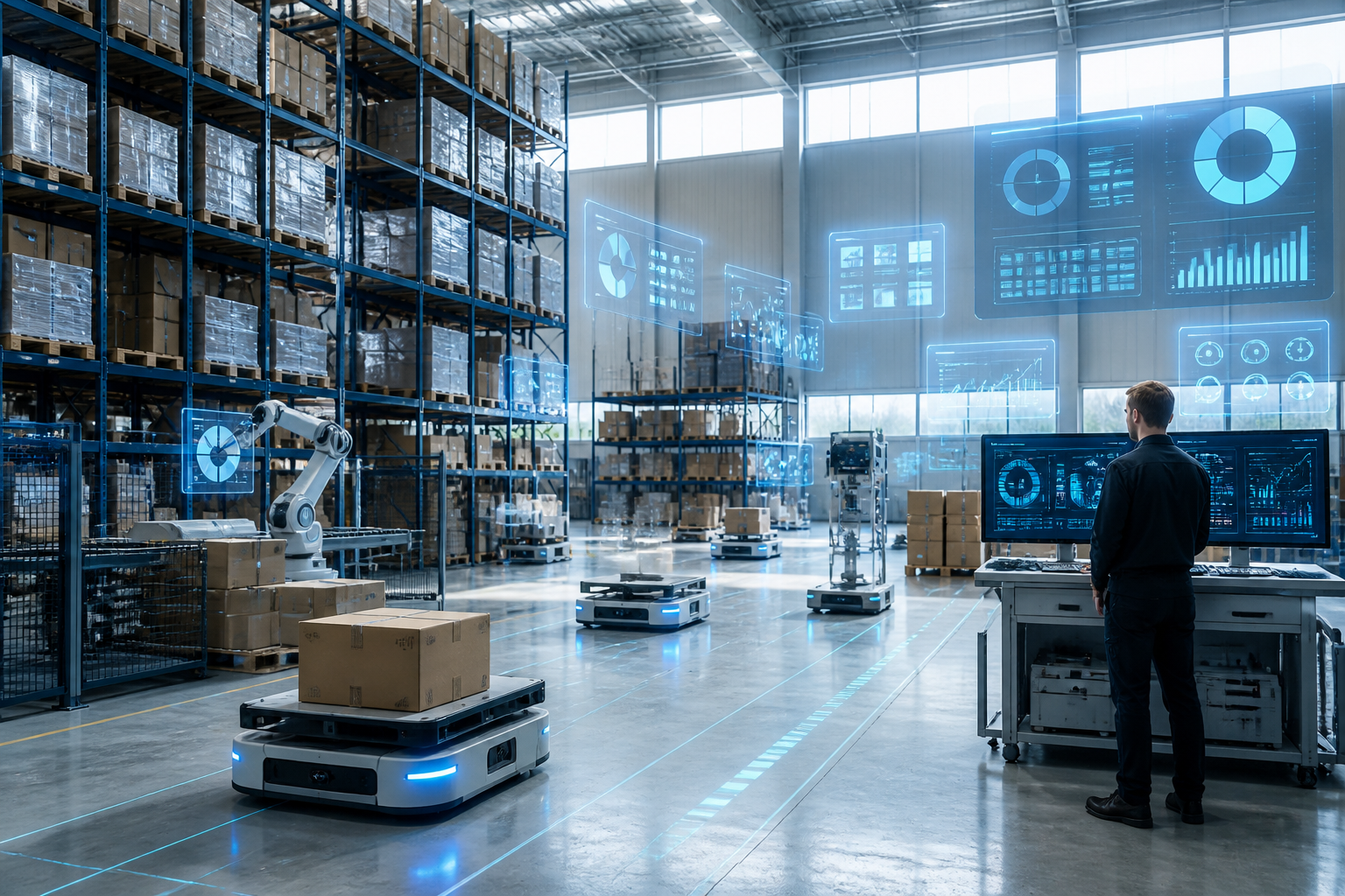 A modern Nordic warehouse interior with high shelves, automated vehicles, and digital data overlays representing real-time visibility.