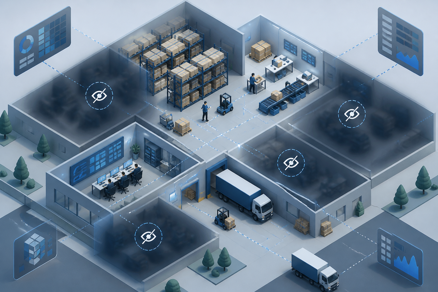 Isometric illustration of a warehouse with some areas shadowed to highlight gaps in real-time visibility and missing operational data.