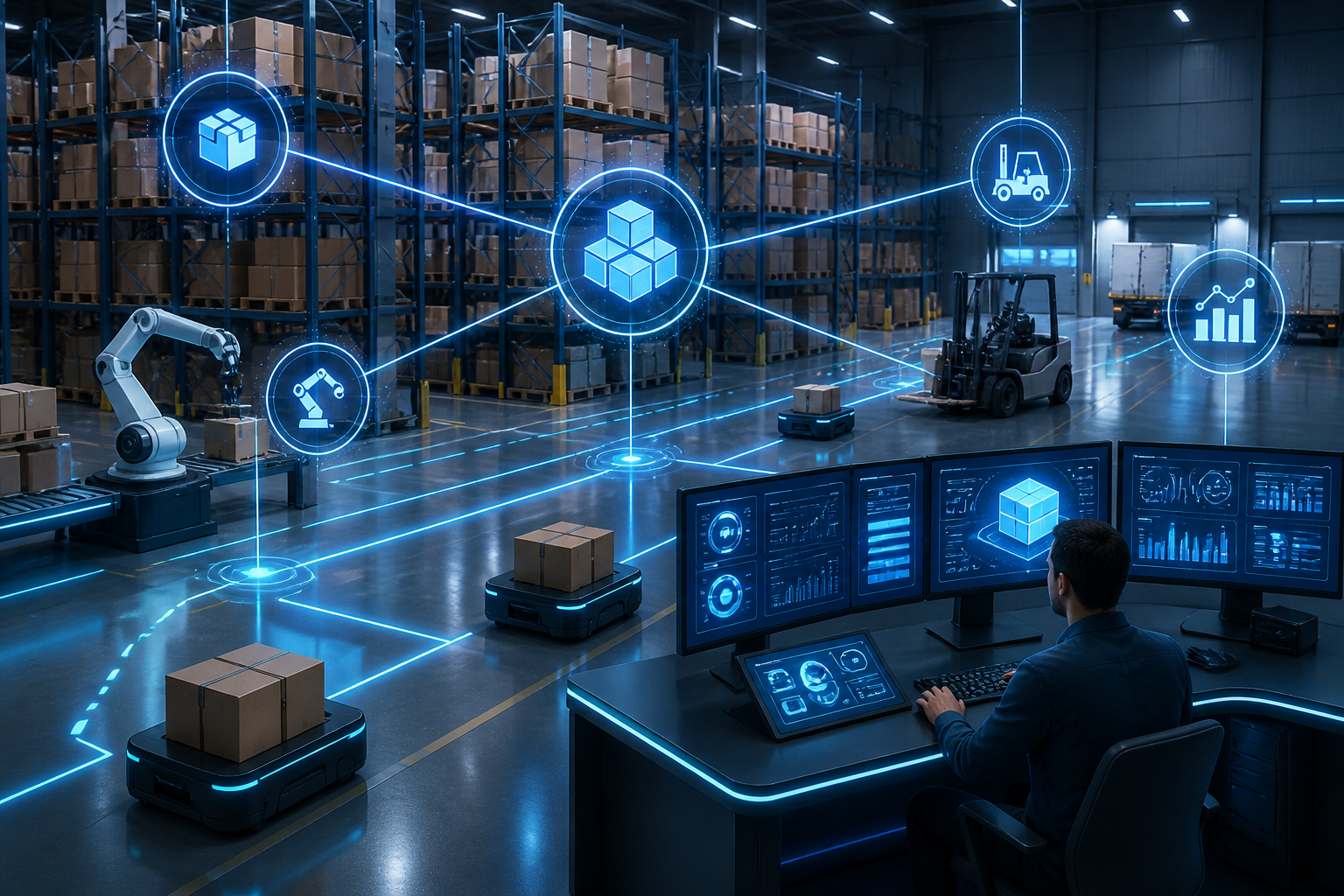 3D render of a high-tech warehouse with glowing digital connections illustrating real-time data flow between inventory and systems.