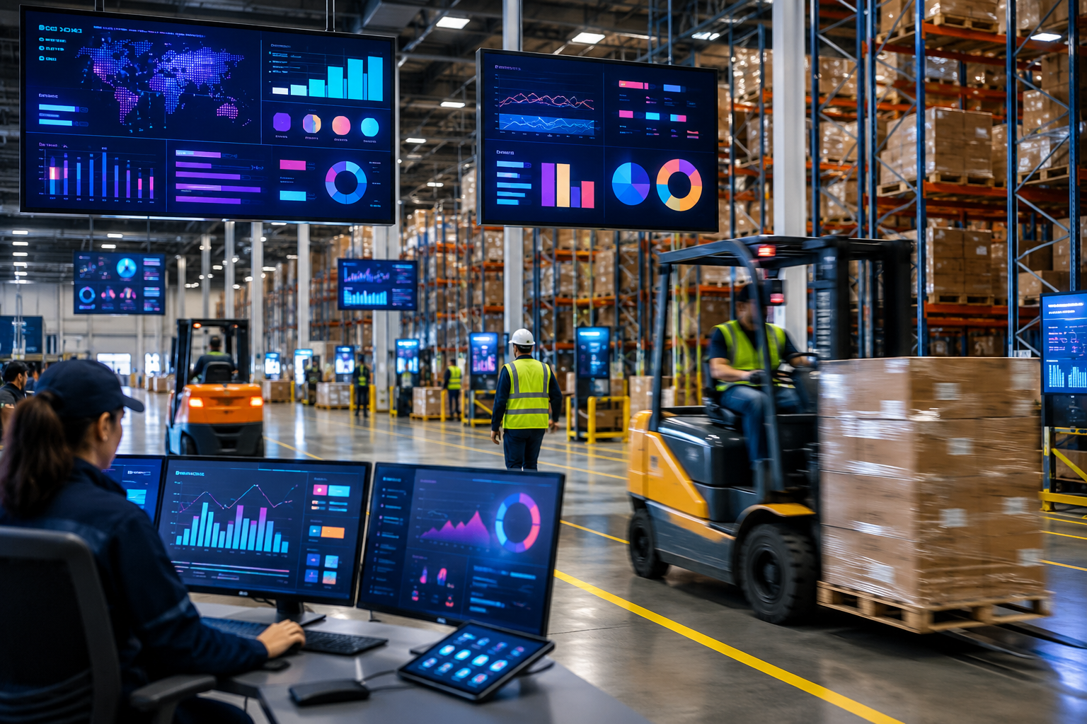 A busy, modern warehouse with workers and forklifts, featuring digital screens displaying abstract data visualizations to illustrate real-time visibility.