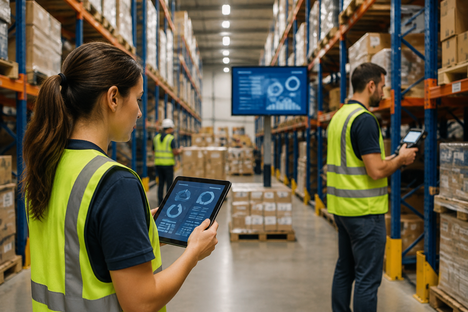 A modern warehouse with workers using digital devices among organized cargo, highlighting efficient digital operations.