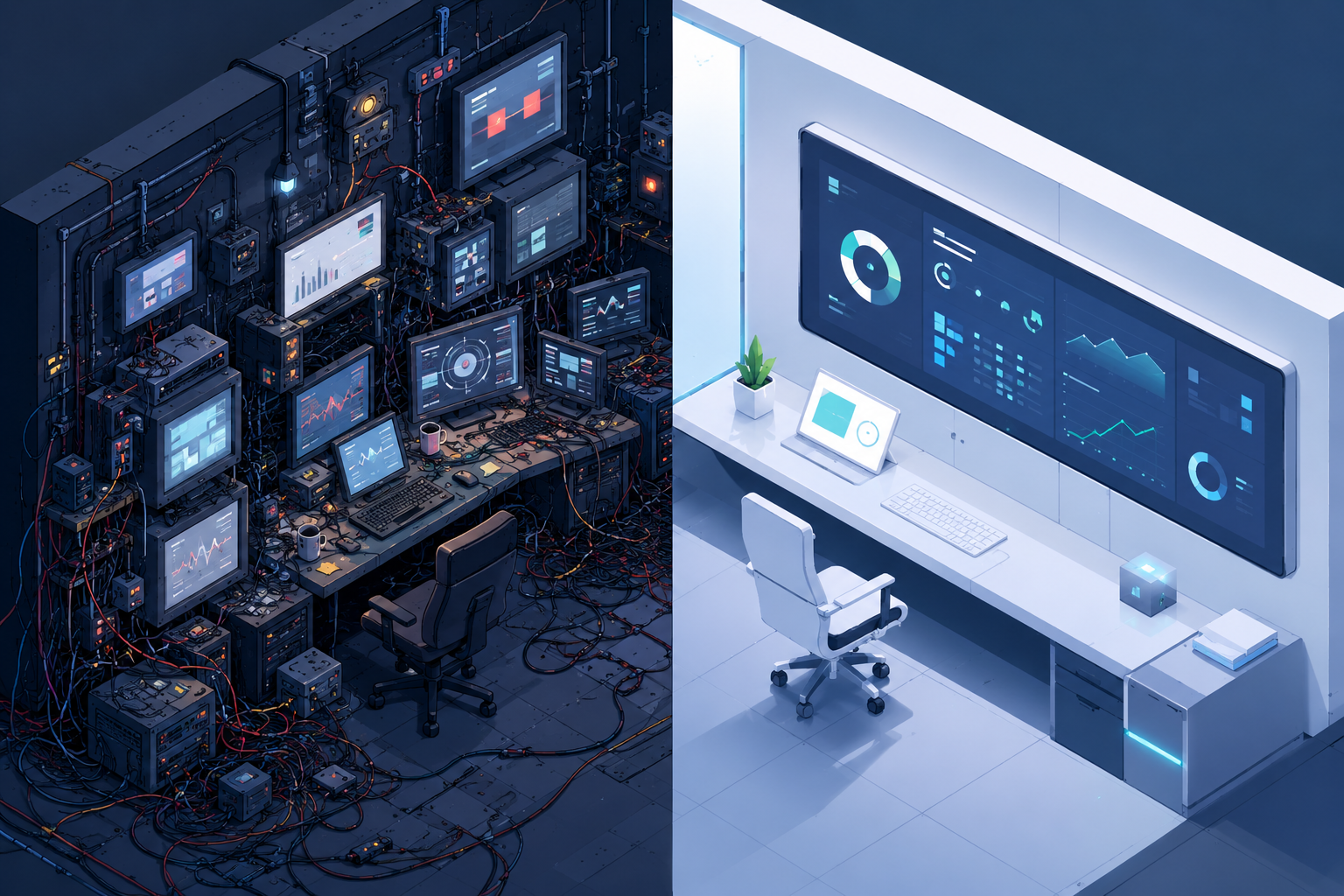 An isometric split-scene comparing a chaotic, complex tech setup with a simple, streamlined digital dashboard.