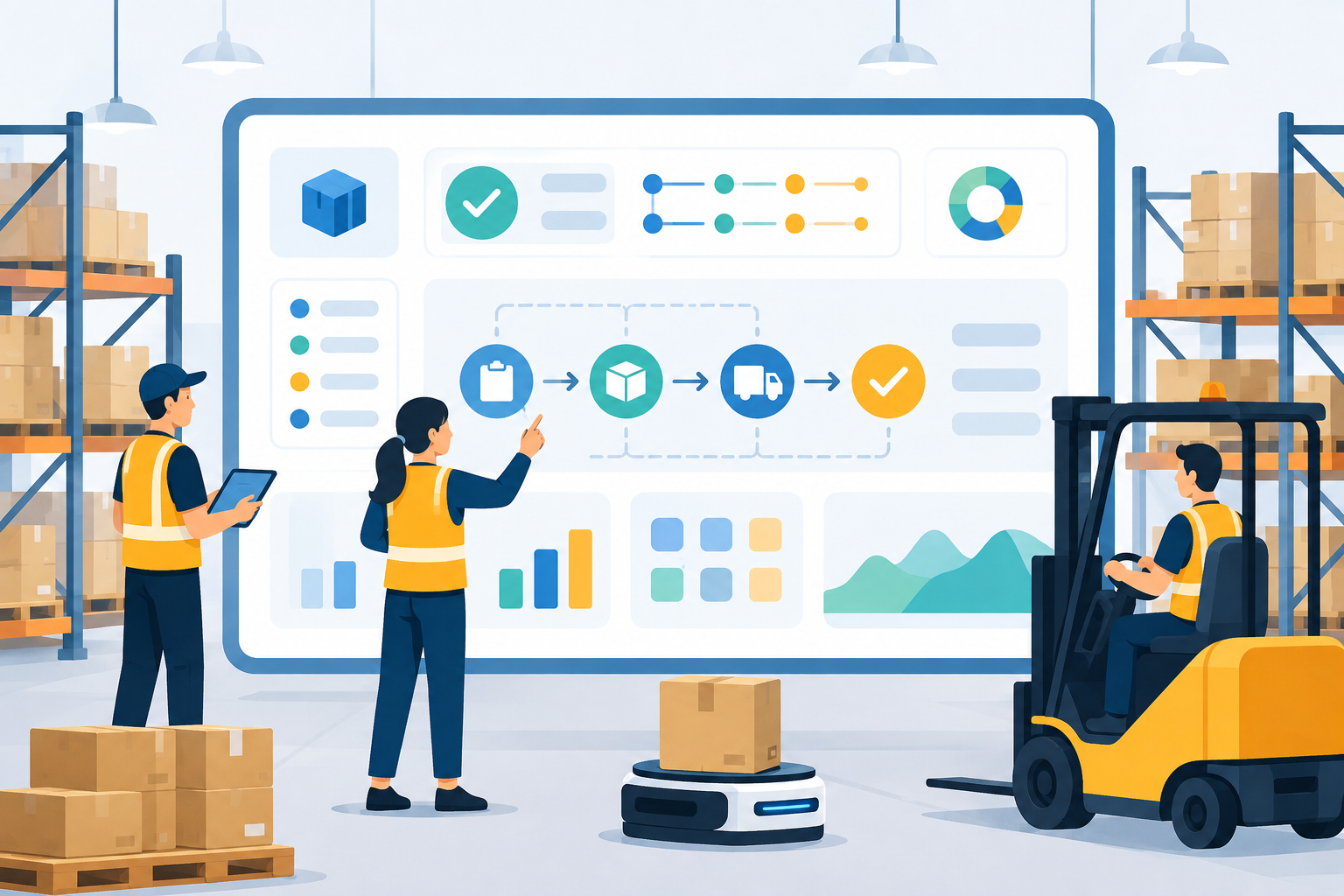 Warehouse staff interact with a large, user-friendly digital interface displaying abstract icons and workflows, illustrating simple digital tool adoption.