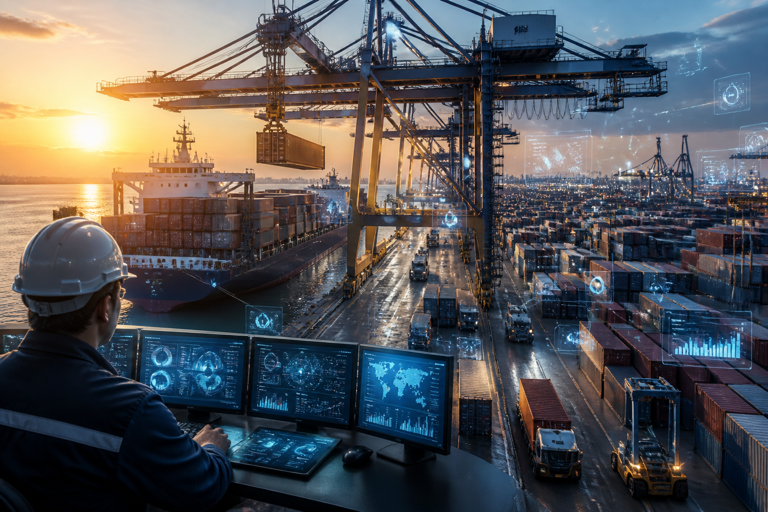 A modern container terminal at sunrise with cranes and cargo, enhanced by digital interface overlays symbolizing robust IT operations.