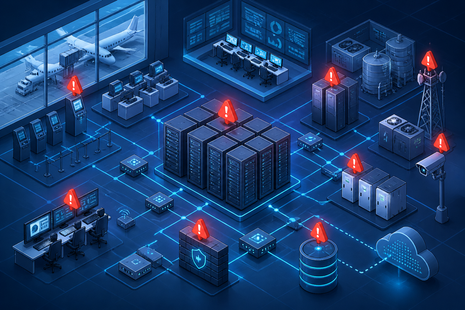 Isometric illustration of terminal IT systems with servers and network lines, showing potential points of failure through alert icons.