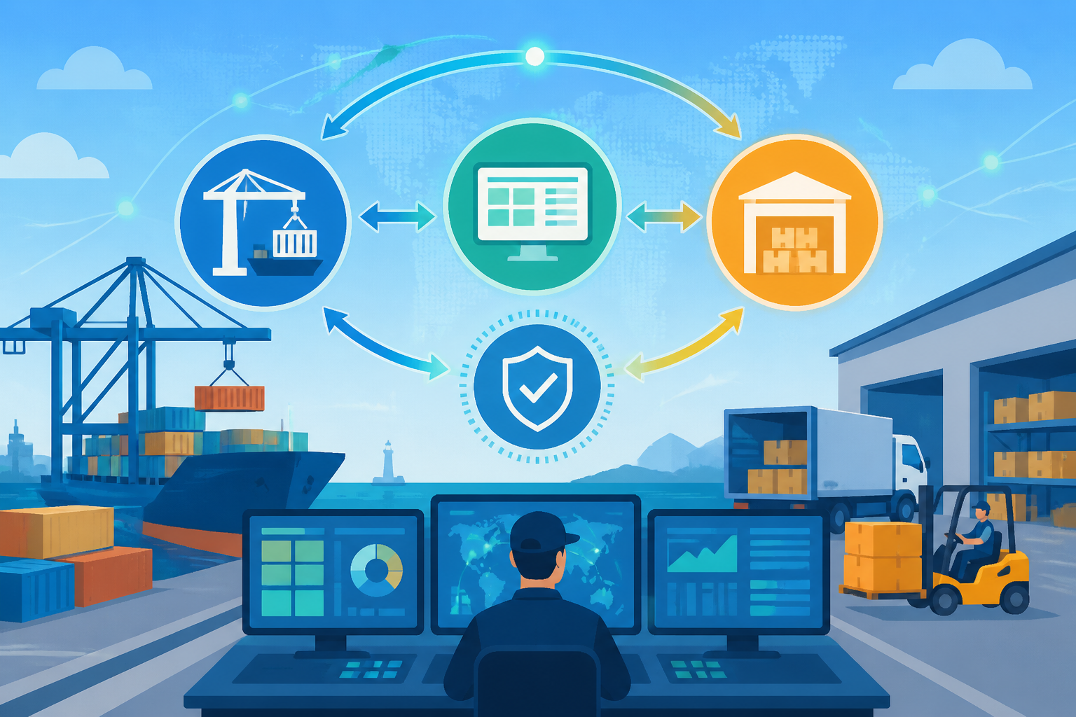 Flat vector illustration of integrated logistics system icons connected by arrows, set against an abstract terminal background to represent continuous uptime.